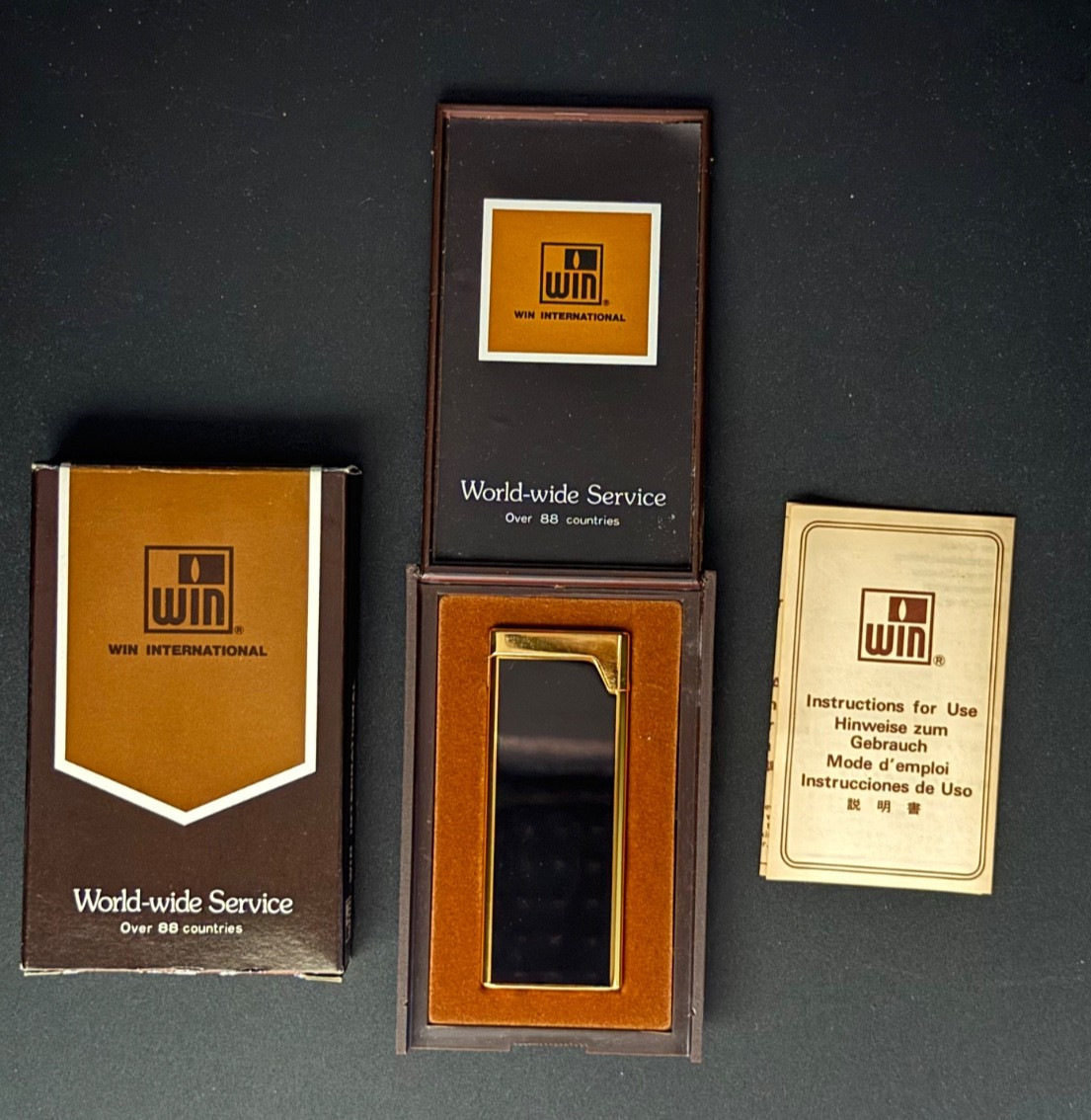 Vintage WIN International Lighter-SP-NO.01 Japan-Otis w/Case Black Gold Untested Vintage WIN International Lighter-SP-NO.01 Japan-Otis w/Case Black Gold Untested
