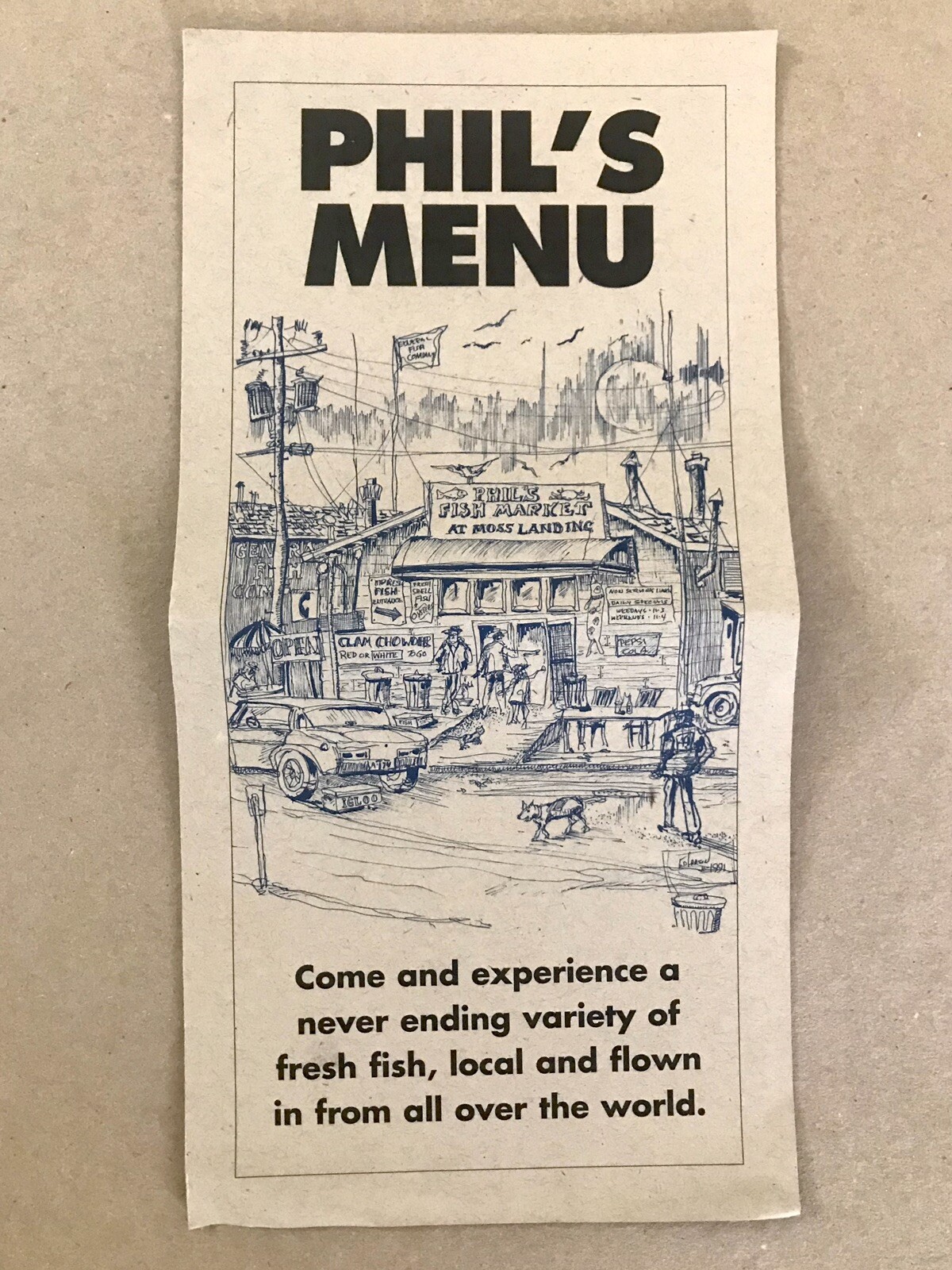 Phil\'s Menu, 2003, Phil\'s Fish Market & Eatery, Castroville, California, VG Phil\'s Menu, 2003, Phil\'s Fish Market & Eatery, Castroville, California, VG