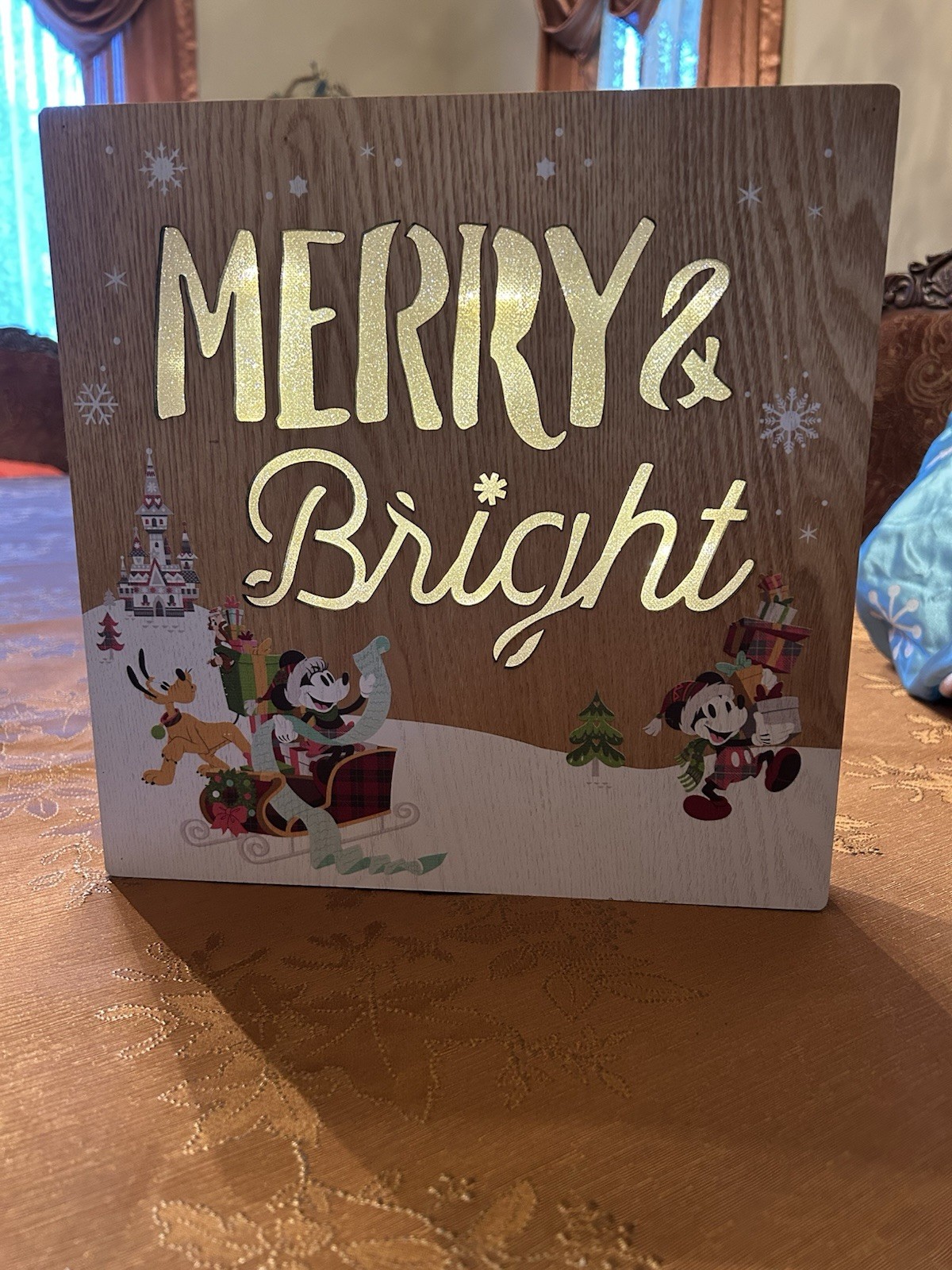 Disney Lighted Wooden Sign - Santa Mickey And Friends - Merry & Bright