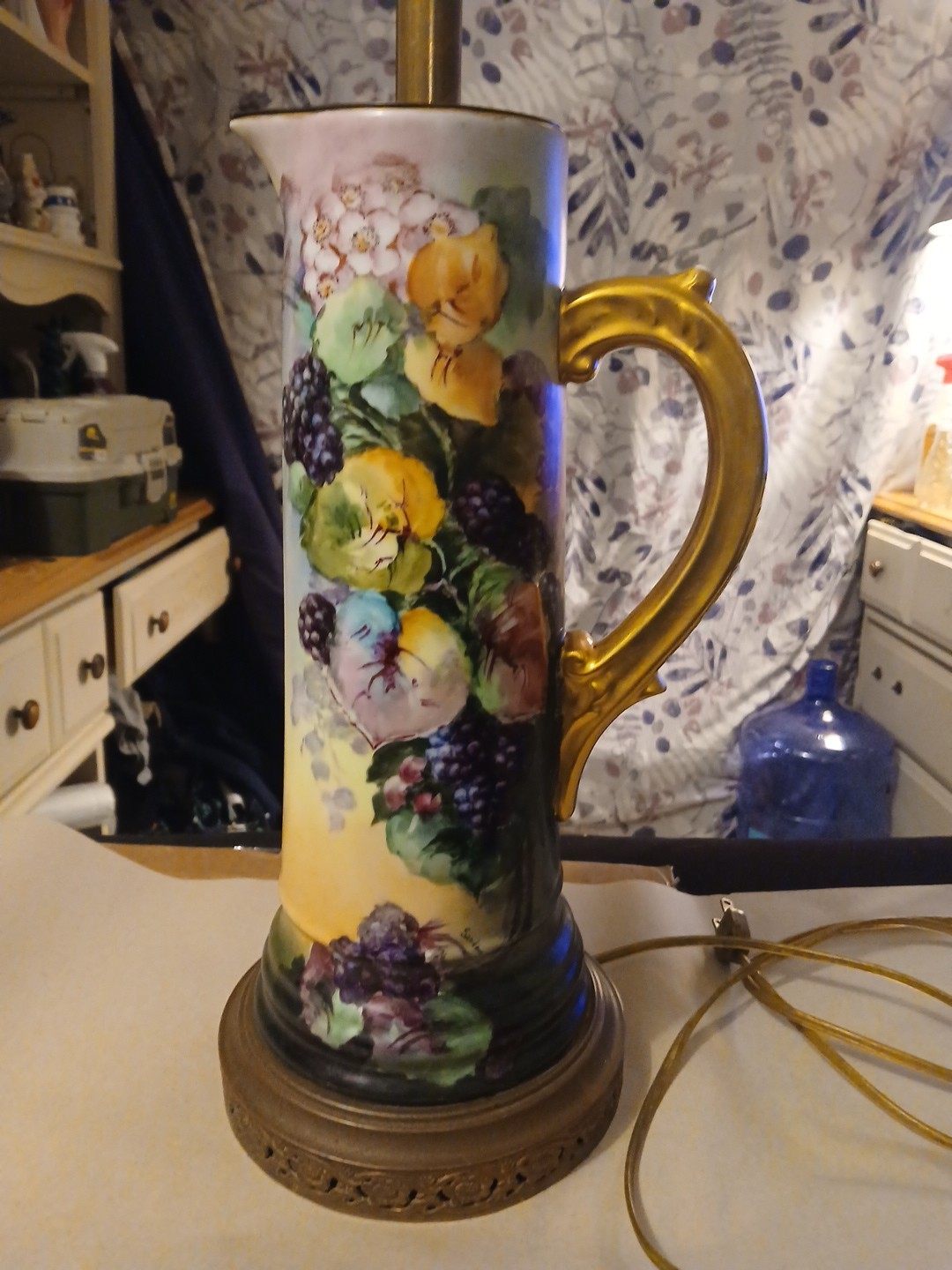 RareAntique Large Vienna Austria Hand Painted Grape Tankard/Pitcher /Lamp Convo RareAntique Large Vienna Austria Hand Painted Grape Tankard/Pitcher /Lamp Convo