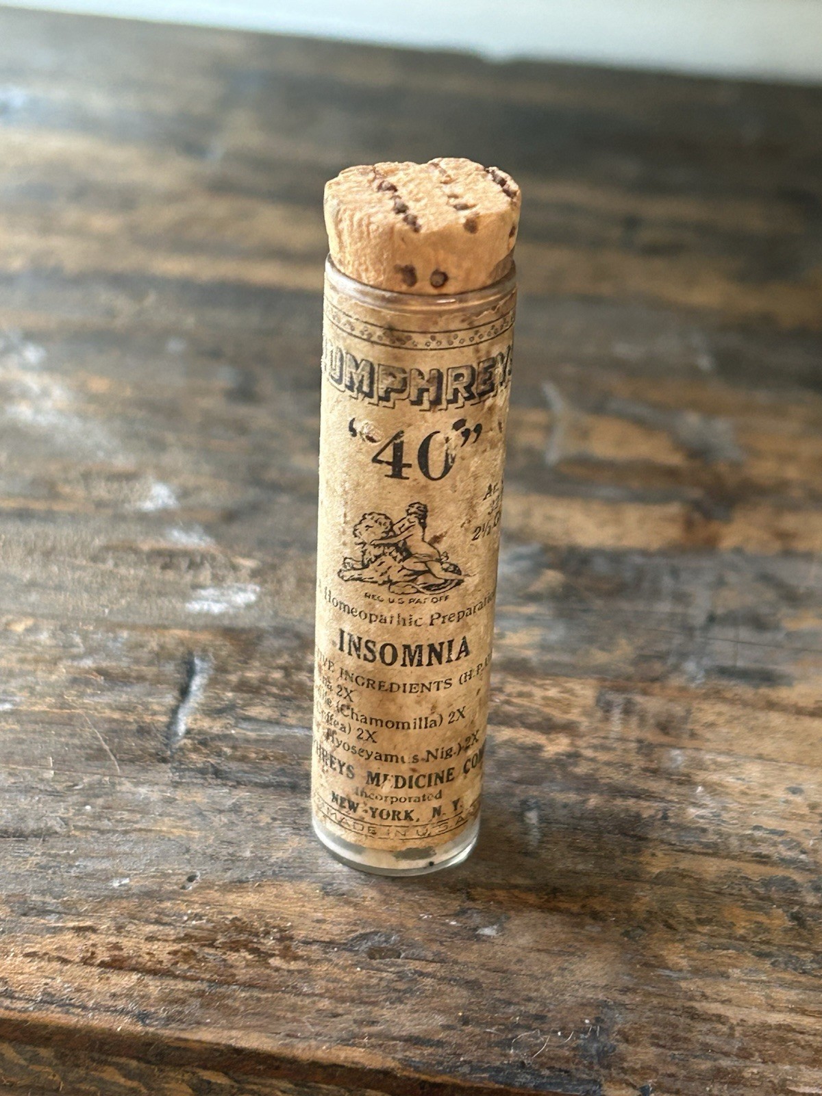 Antique Humphreys No 40 Homeopathic Insomnia Glass Vial Bottle Cork Label Antique Humphreys No 40 Homeopathic Insomnia Glass Vial Bottle Cork Label