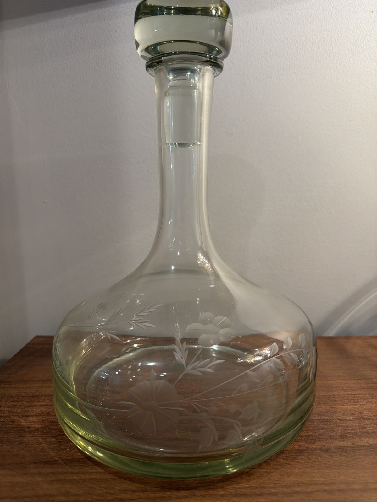 Vintage Etched Glass Decanter Floral Wheat Design Green Base w/ Stopper MCM