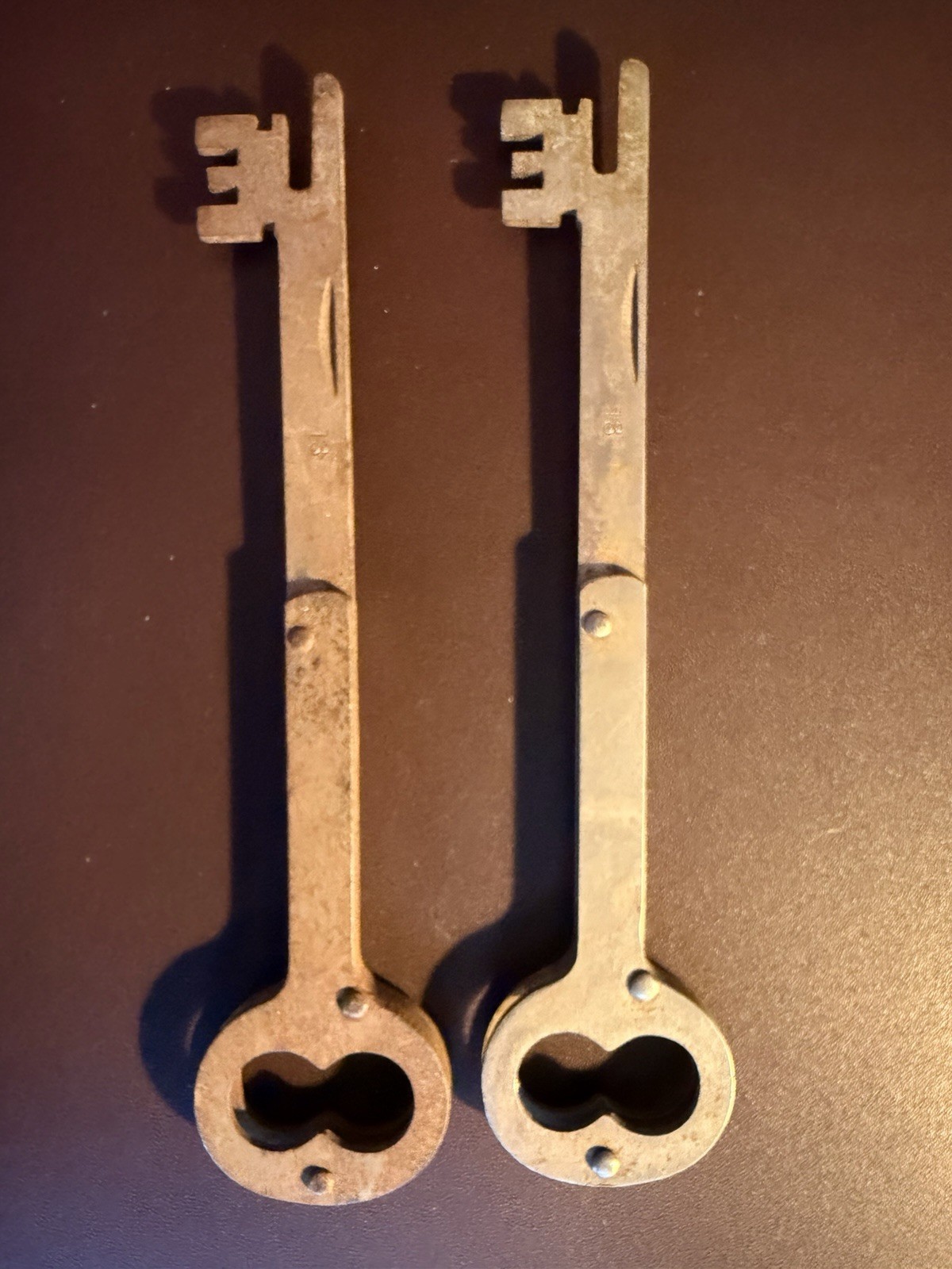 Vintage Matched Pair Jail Cell Keys #13 Heavy Riveted Steel Prison Key Lot of 2 Vintage Matched Pair Jail Cell Keys #13 Heavy Riveted Steel Prison Key Lot of 2