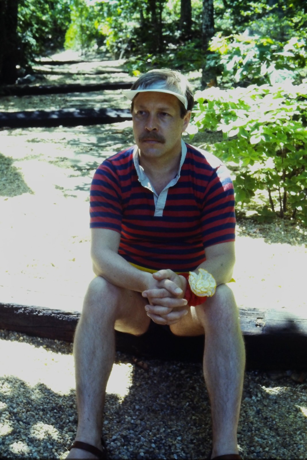 c1970\'s 35mm Slide, Man Portrait, Striped Polo Shirt Visor red blue Wooden