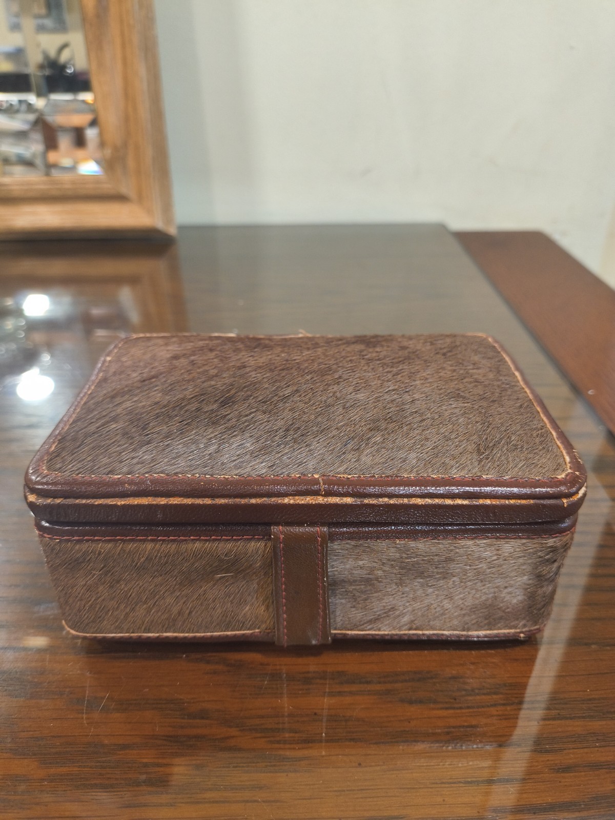 ✨Vintage German fur-lined leather Trinket /Jewelry box Antique Handmade
