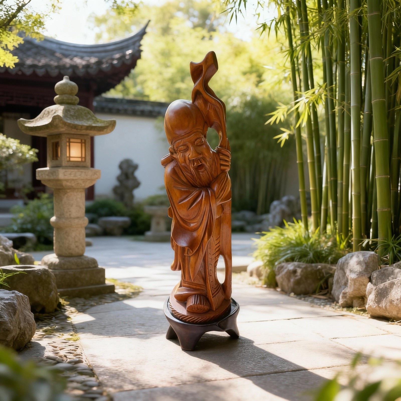 Vintage Chinese God of Longevity Hand-carved 5.75” tall Figurine On Wooden Base Vintage Chinese God of Longevity Hand-carved 5.75” tall Figurine On Wooden Base
