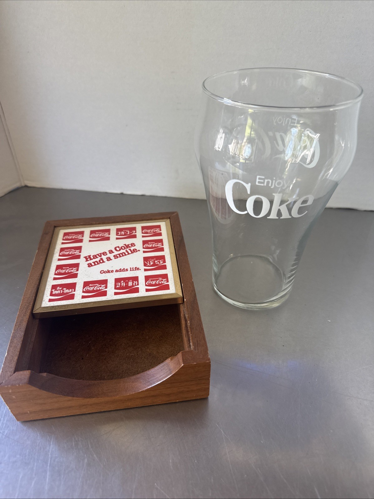 VTG. Coca Cola Collectibles Lot Wooden Napkin Holder And 16 Oz. Coke Glass 1970s