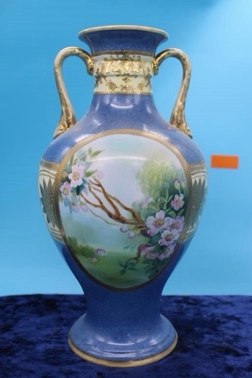 Antique Noritake Hand Painted Scenic 2 Handle Vase Blue Gold 11.5” Made Japan
