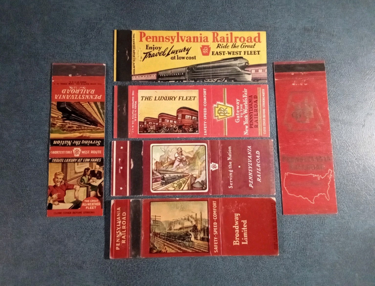 Pennsylvania Railroad Advertising Matchcovers (6) 1939-1950s Route Map / WWII 