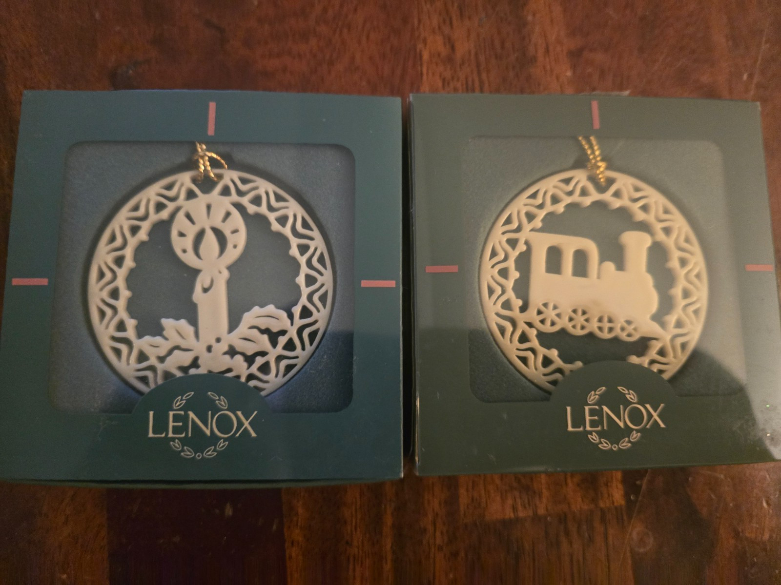 Vtg Lenox China  Locomotive + Candle Yuketide Christmas Ornaments