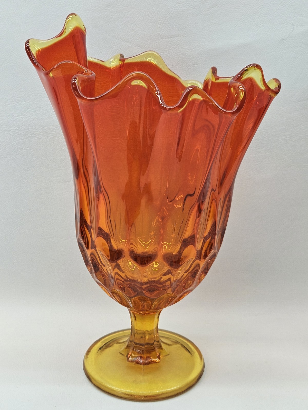 Vtg MCM Fenton Orange Amberina Flame Vase Thumbprint Handkerchief 8.8” Art Glass