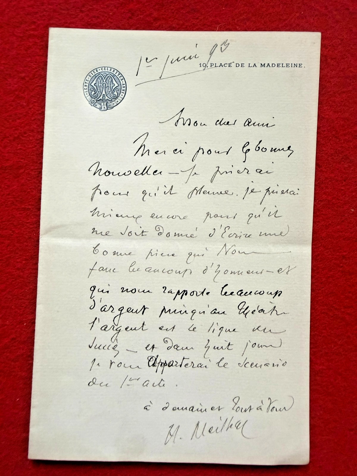 CG62-SIGNED AUTOGRAPH LETTER-HENRI MEILHAC-PLAYER-PAROLIER-1893