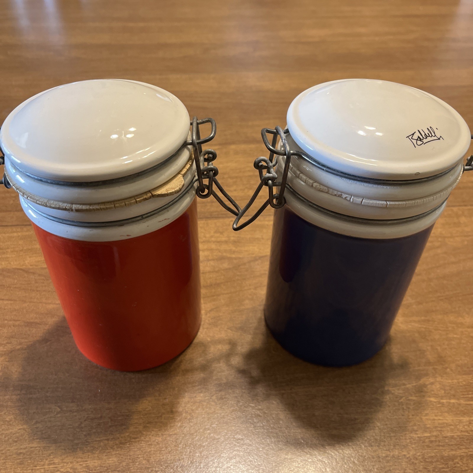 Vintage Red Blue Baldelli Italian Pottery Canisters Set of 2 Jars with Wire Lids Vintage Red Blue Baldelli Italian Pottery Canisters Set of 2 Jars with Wire Lids