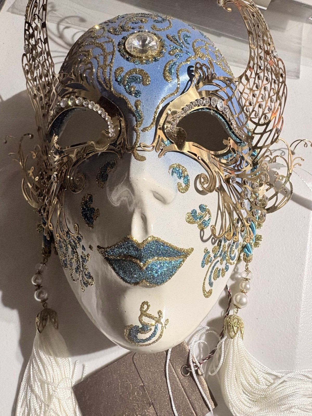 La Gioia Handmade Hand Painted Venetian Wall Mask Gold White Blue Italy Venice
