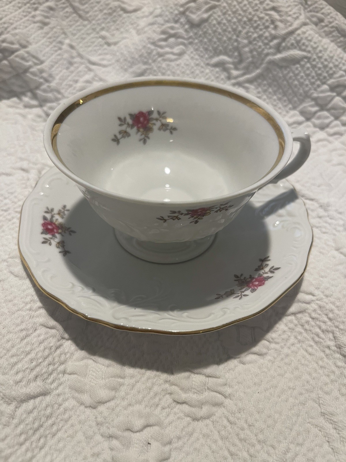 Vintage Walbrzych China Cup & Saucer Made In Poland Rose Pattern 109