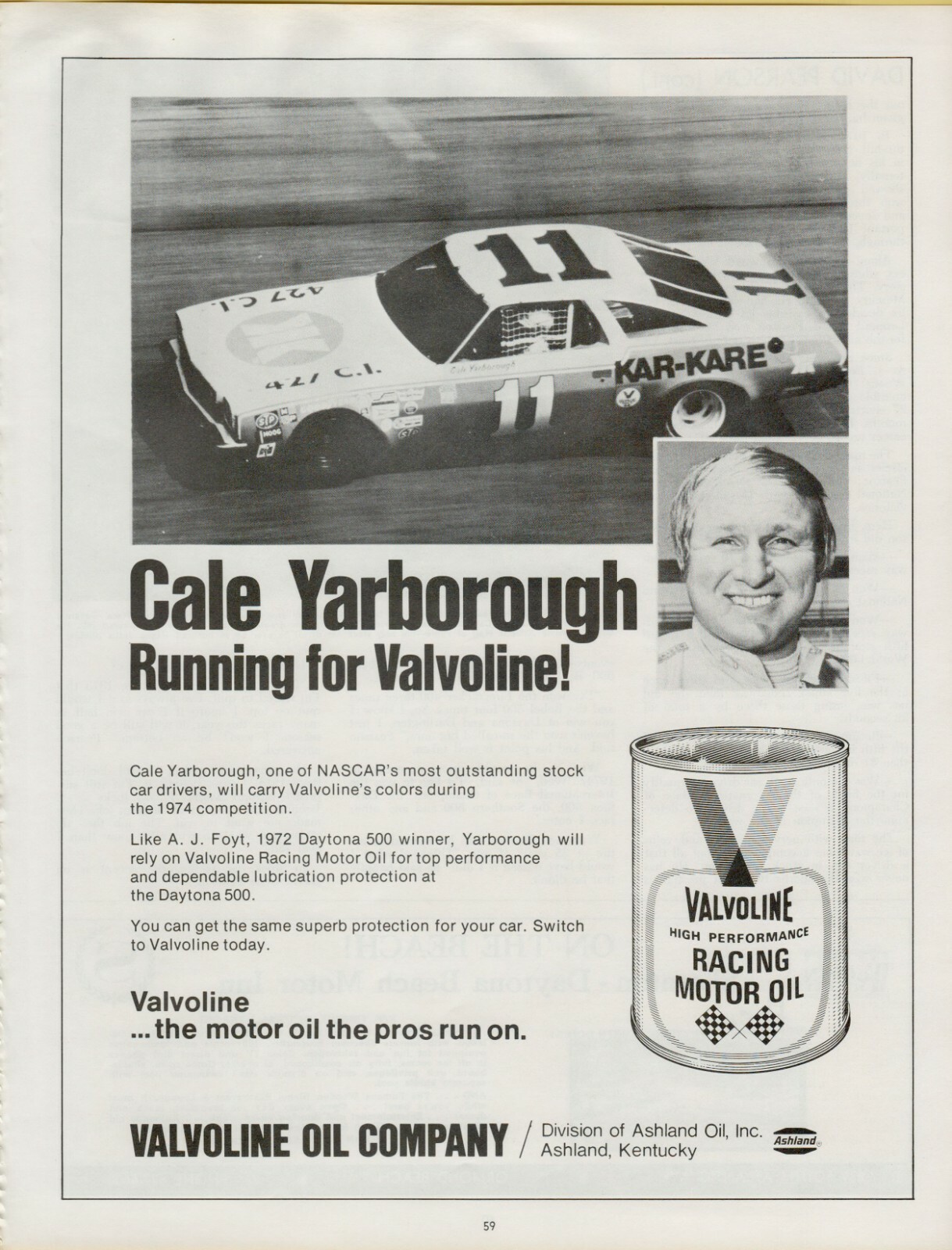 1973 Valvoline Racing Motor Oil Cale Yarborough Daytona 500 Vintage Print Ad 1973 Valvoline Racing Motor Oil Cale Yarborough Daytona 500 Vintage Print Ad