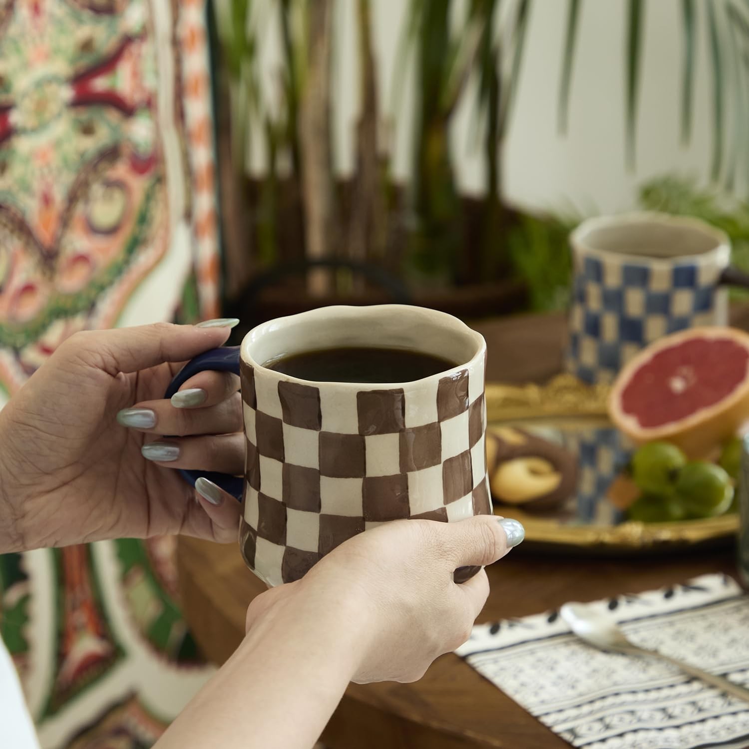 Retro Checkered Ceramic Coffee Mug 16Oz Extra Large Handle, Microwave Safe Retro Checkered Ceramic Coffee Mug 16Oz Extra Large Handle, Microwave Safe