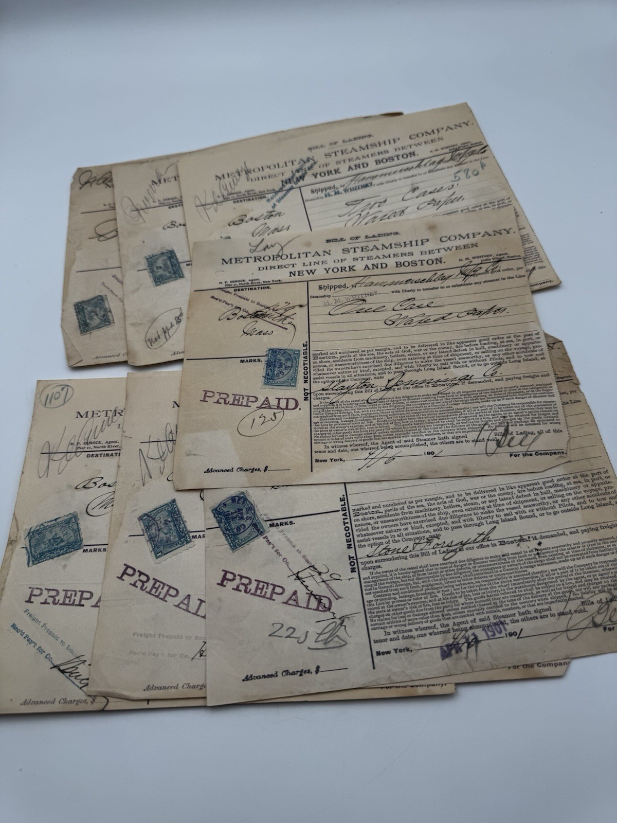 (7) Antique Bill Of Lading Metropolitan Steamship Company New York Boston 1900s