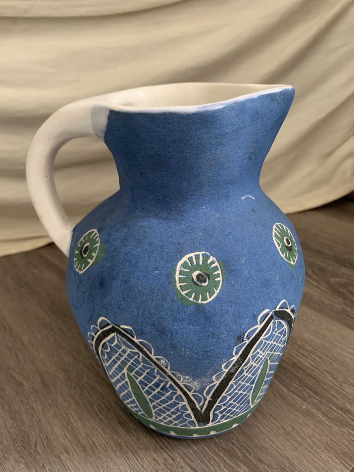 Handmade Mexican? Pottery Pitcher Vase Marked Unglazed Blue Green Handmade Mexican? Pottery Pitcher Vase Marked Unglazed Blue Green