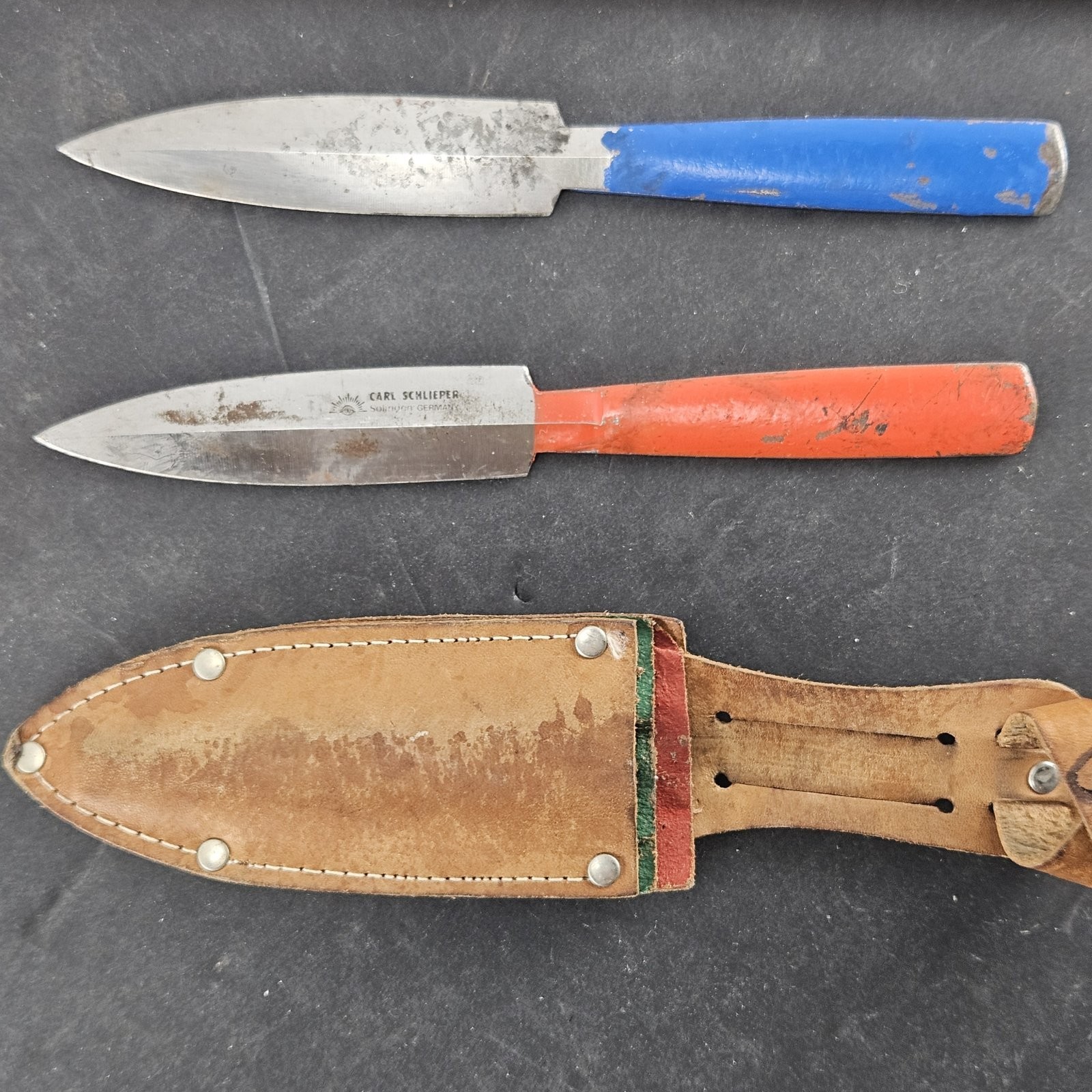 Vintage Carl Schlieper Solingen Germany Throwing Knife Set of 2 Leather Sheath