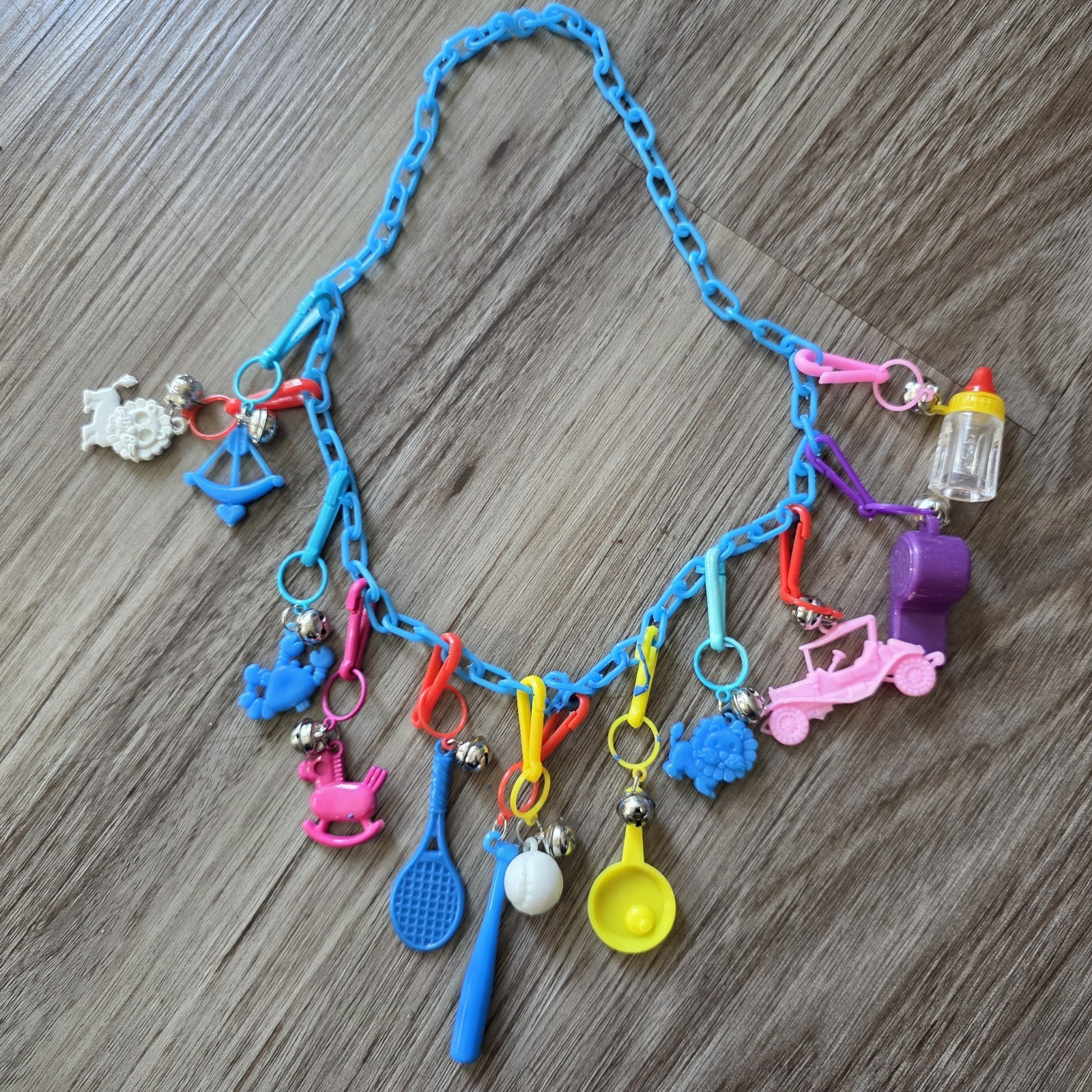 Vtg 80s Plastic Charm Bell Chain Blue Necklace 12 Charms