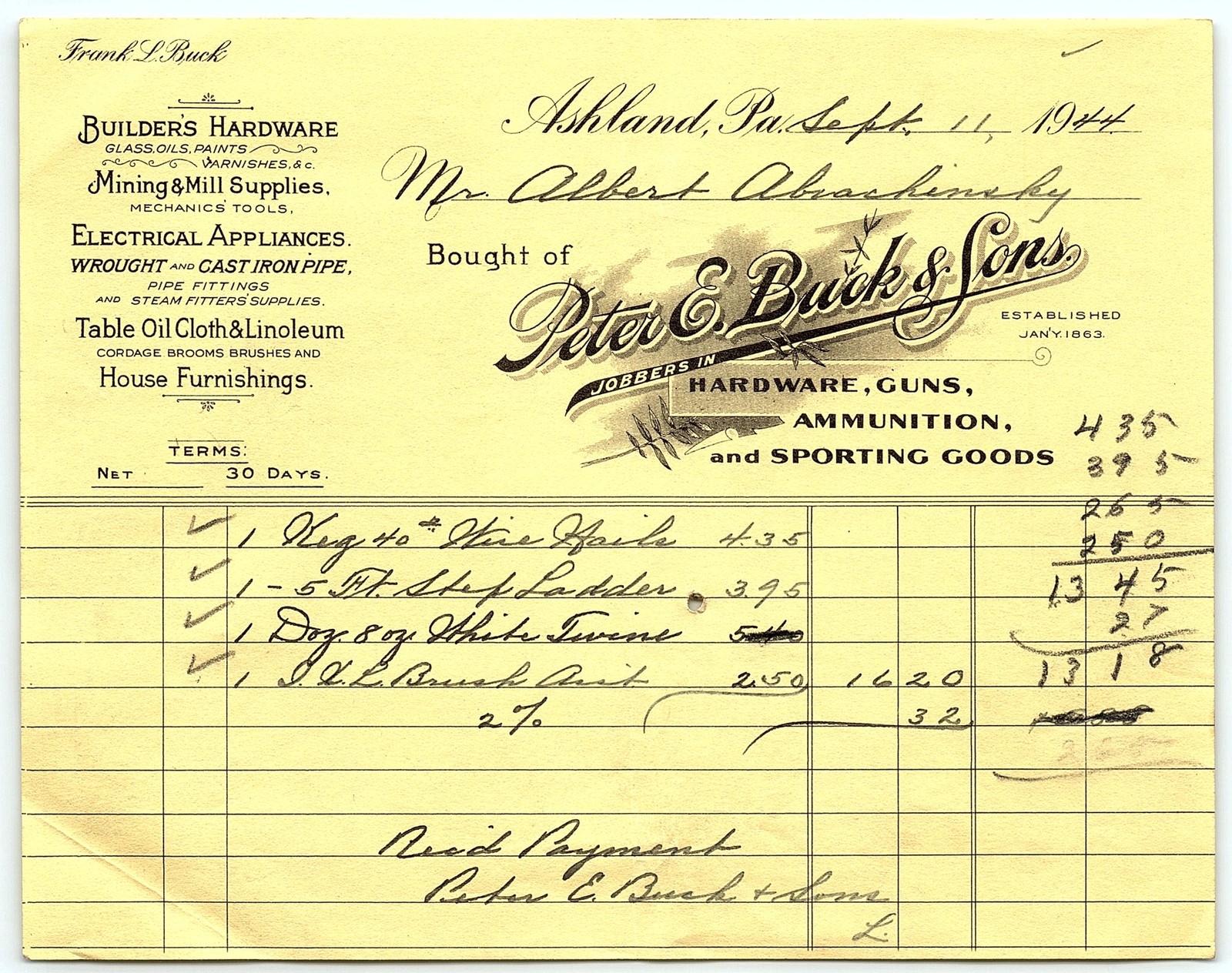1944 Ashland PA Peter E. Buck & Sons Hardware Billhead 1944 Ashland PA Peter E. Buck & Sons Hardware Billhead