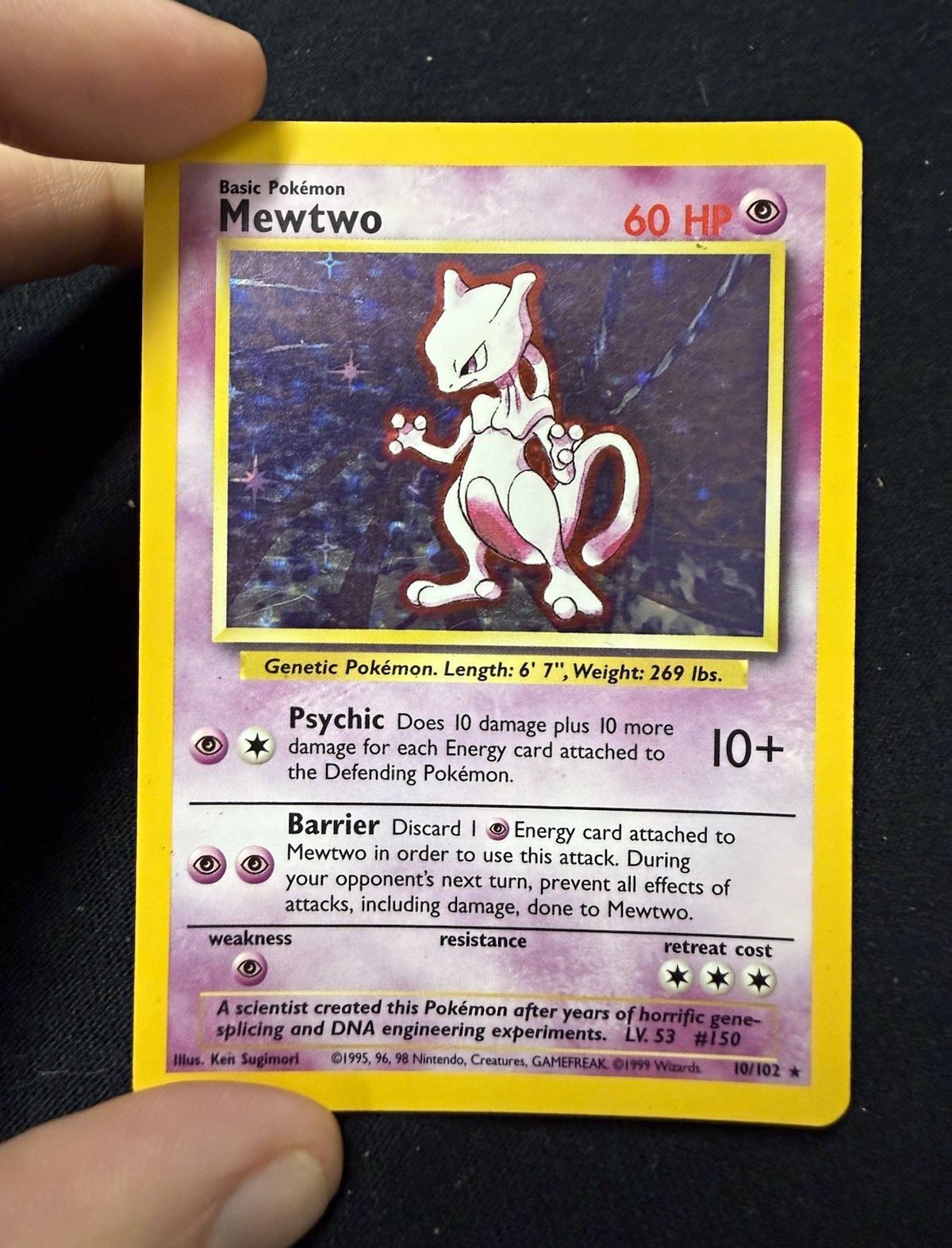 *d* Pokémon Base Set Mewtwo 10/102 Holo Trading Card 1999 Wizards English