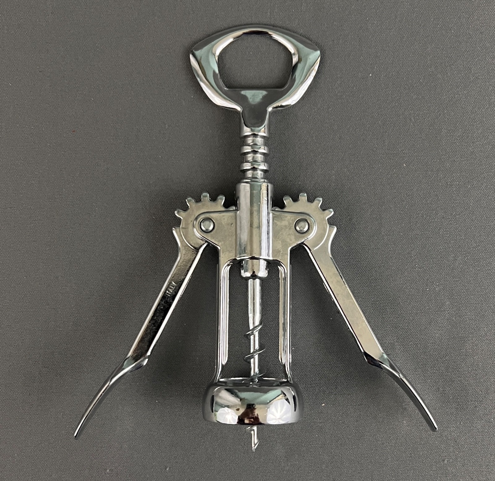 Vintage Winged Corkscrew Bottle Opener 7 in Chrome Lever Action Italy