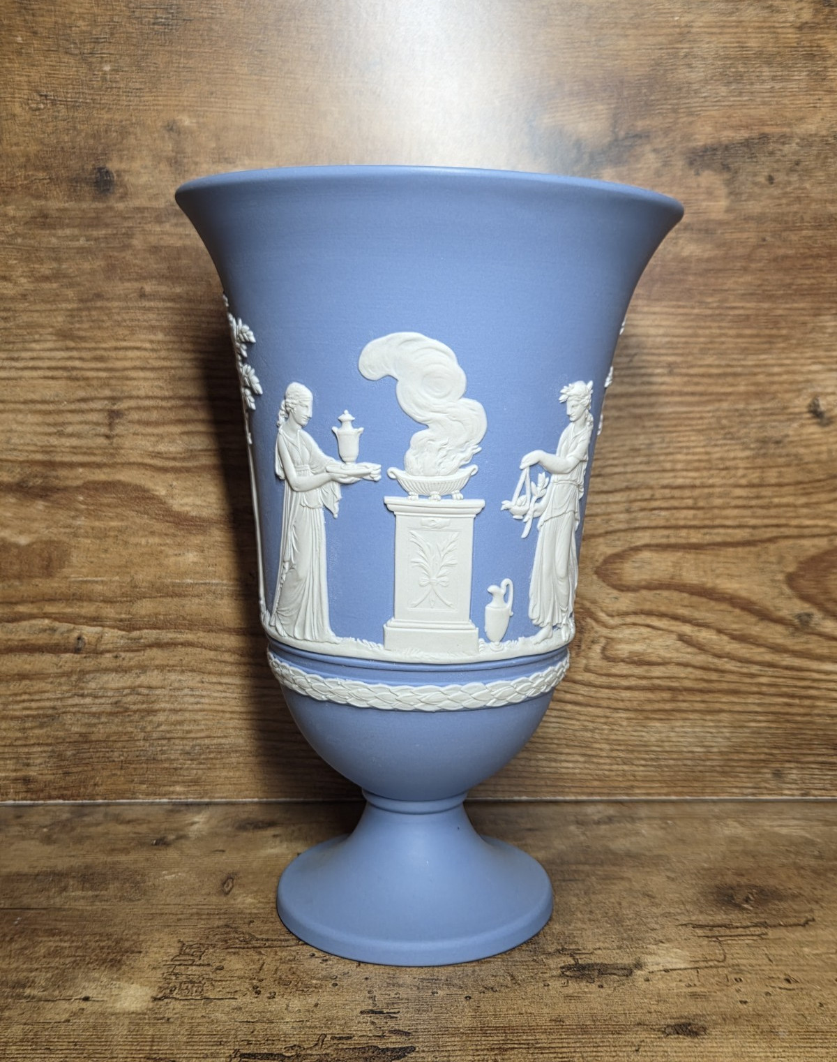 Wedgwood Blue Jasperware Arcadian large Vase with white embossing 7.5 tall