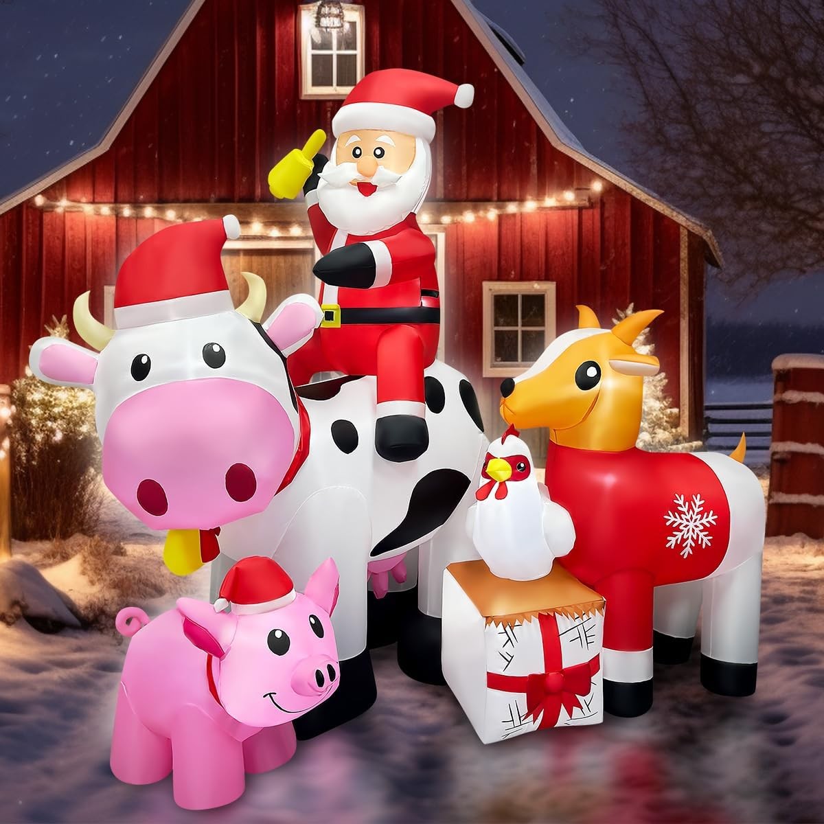 6FT Christmas Inflatables Santa Farm Scene with Blow Up Cow, Pig, 6FT Christmas Inflatables Santa Farm Scene with Blow Up Cow, Pig,