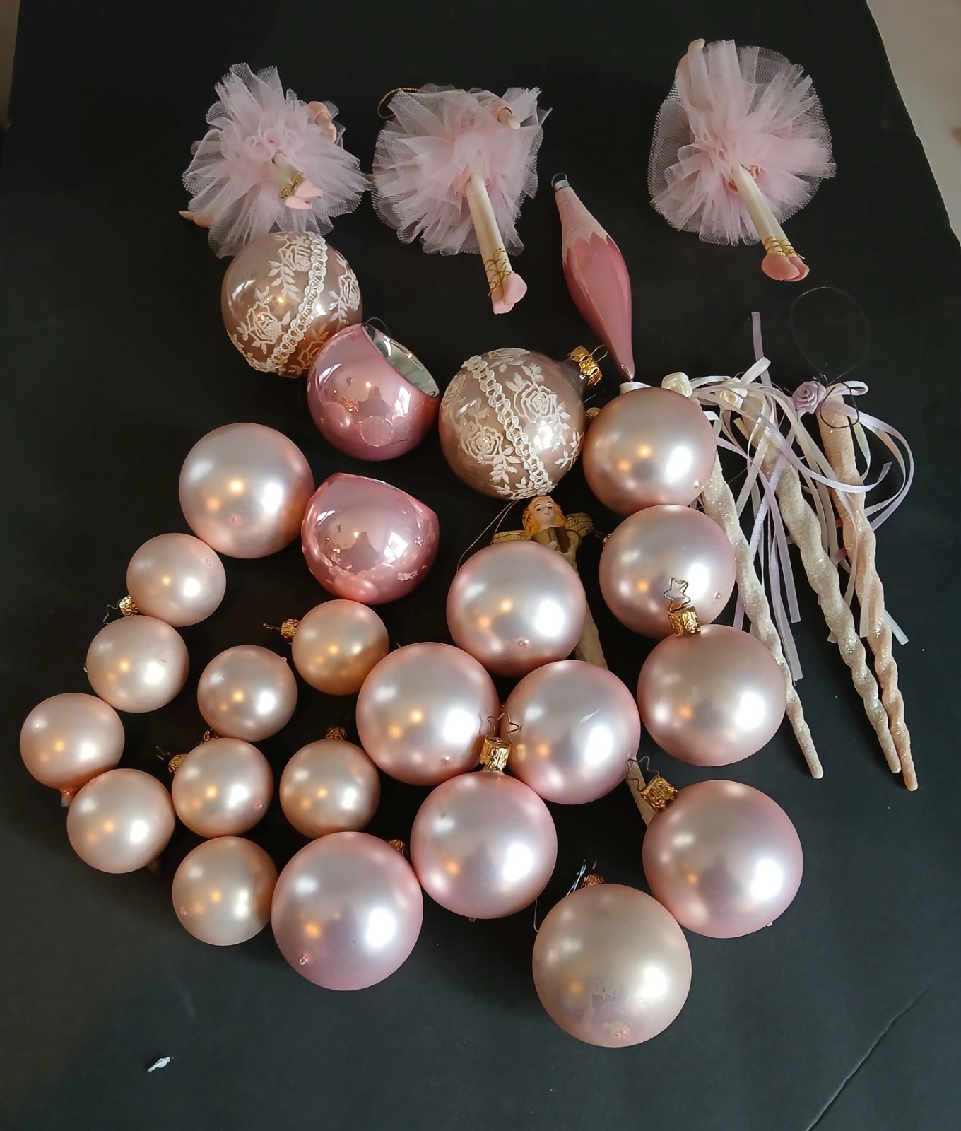 37 pc Pink VTG BLOWN GLASS INGE Silvestri Asst ornaments Ballerina Teardrop Mica
