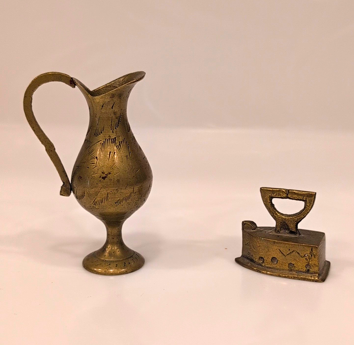 Vintage Miniature Brass Lot: Etched Pitcher Ewer & Brass Charcoal Iron Figurine
