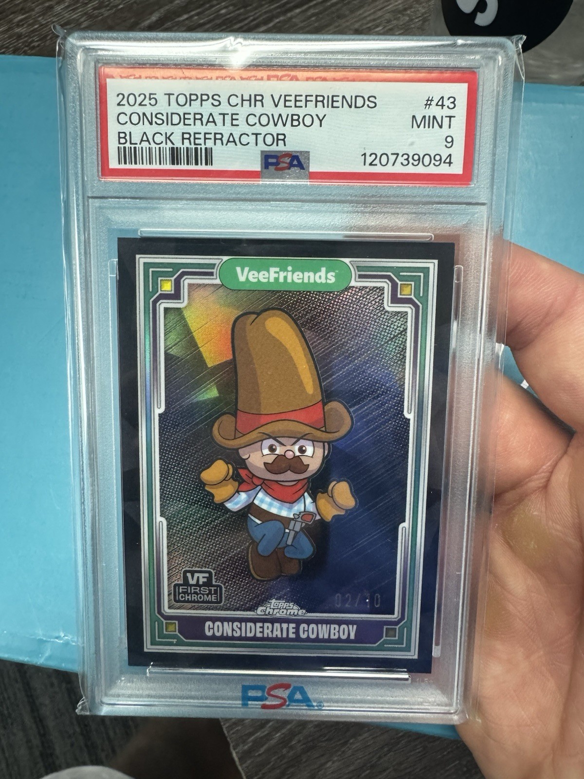 2025 Topps Chrome Veefriends Considerate Cowboy Black Refractor /10 PSA 9