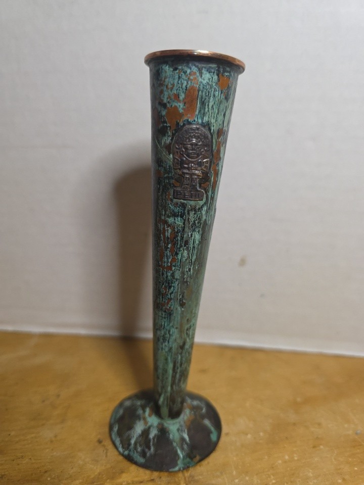 Inca Copper Thin Bud Vase Mid Century Peruvian God Symbol Incan? Brass? Inca Copper Thin Bud Vase Mid Century Peruvian God Symbol Incan? Brass?