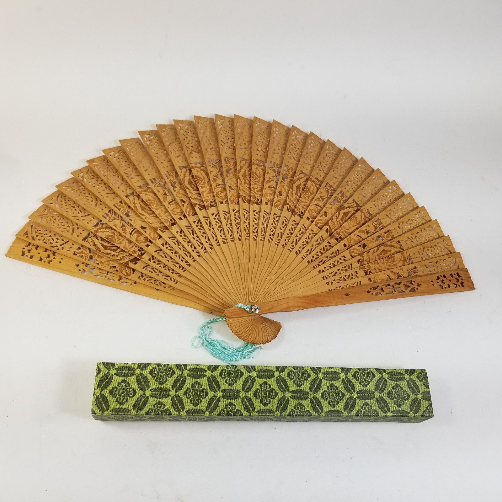 Vintage Japenese Wooden Folding Hand Fan Roses Carved With Original Box Flowers
