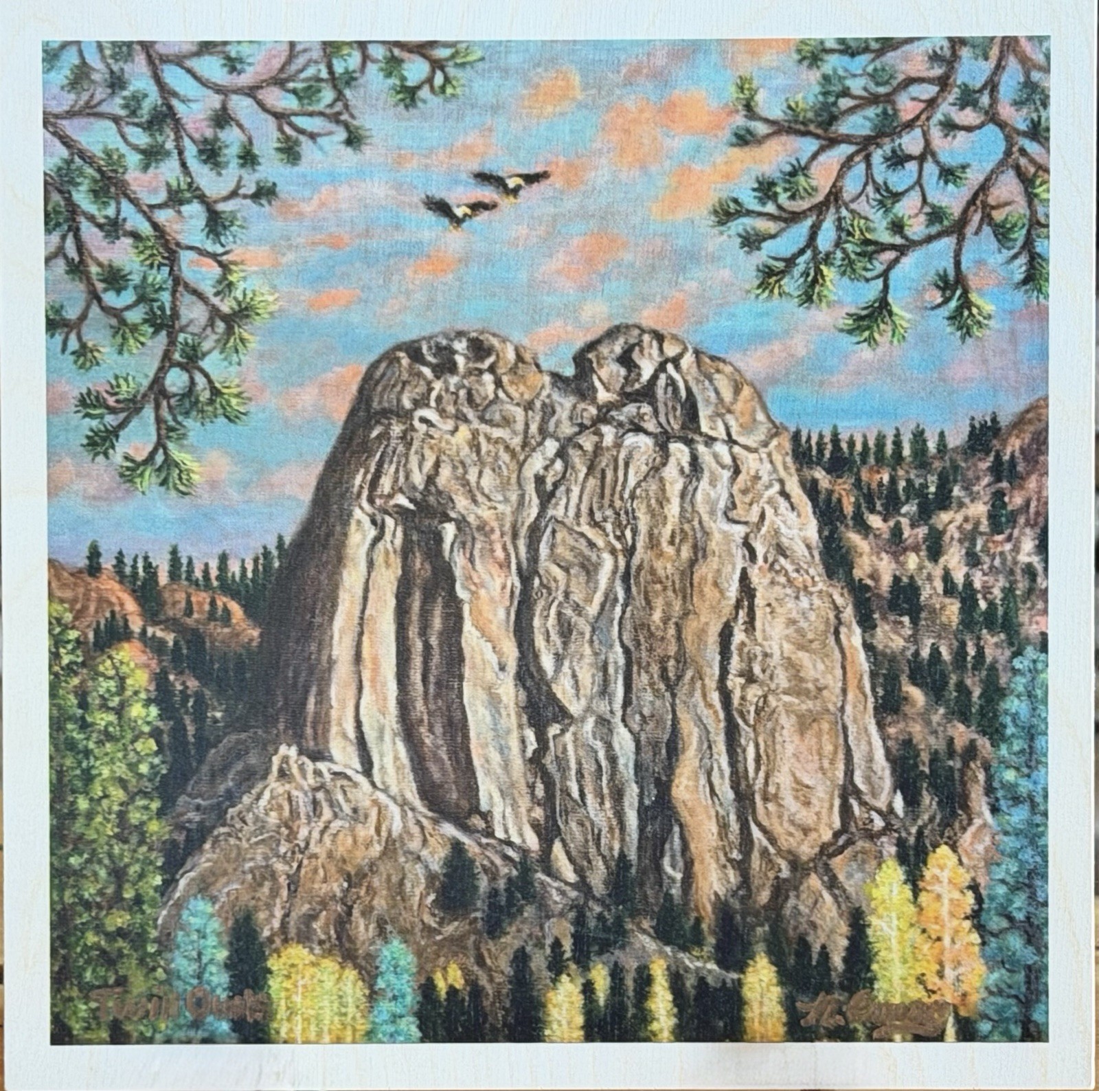 TWIN OWLS 12” X 12” WoodPrint Estes Park CO RMNP Above The Stanley KeyholeHanger