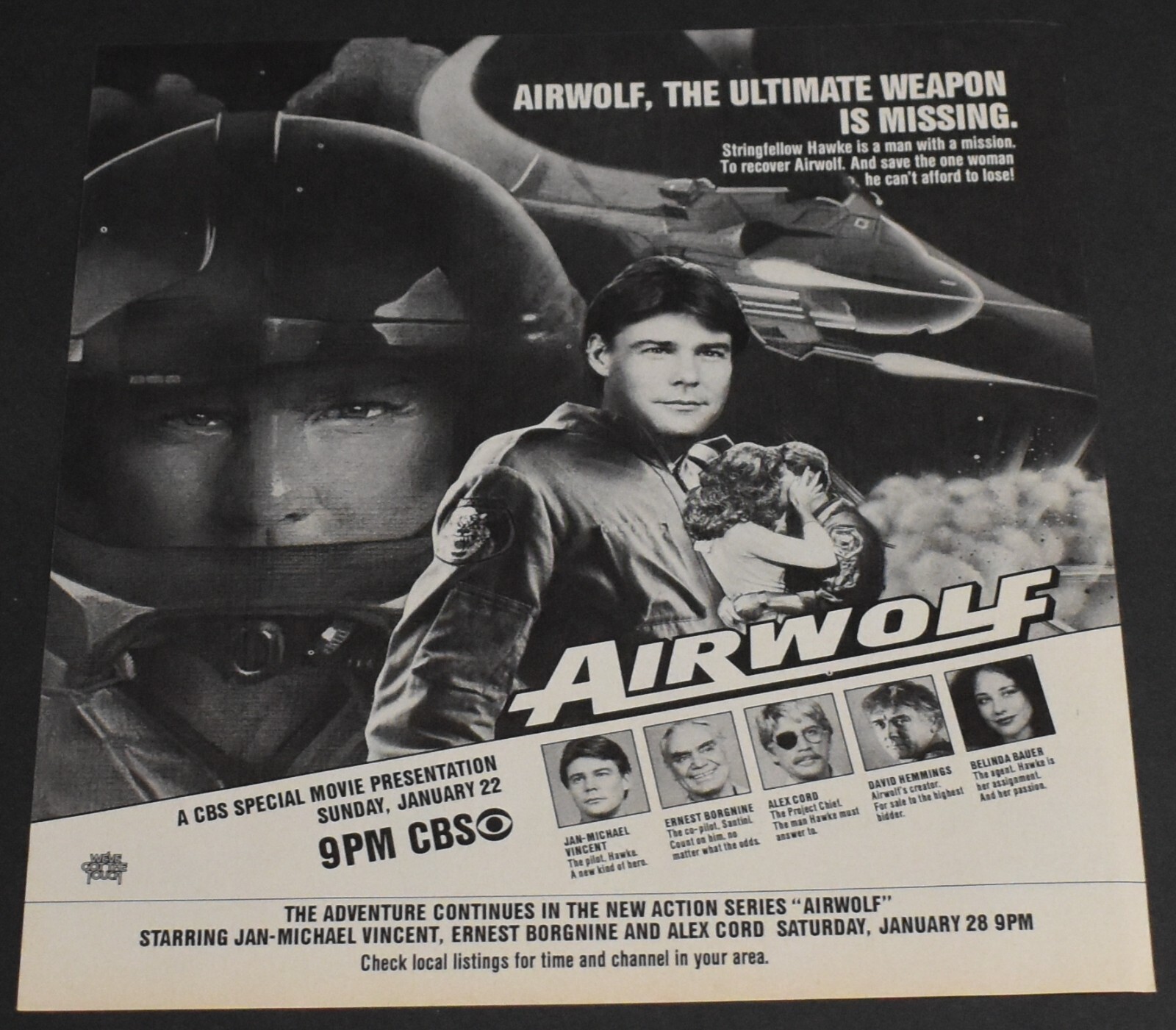 1984 Print Ad Airwolf The Ultimate Weapon is Missing Stringfellow Hawke TV Art