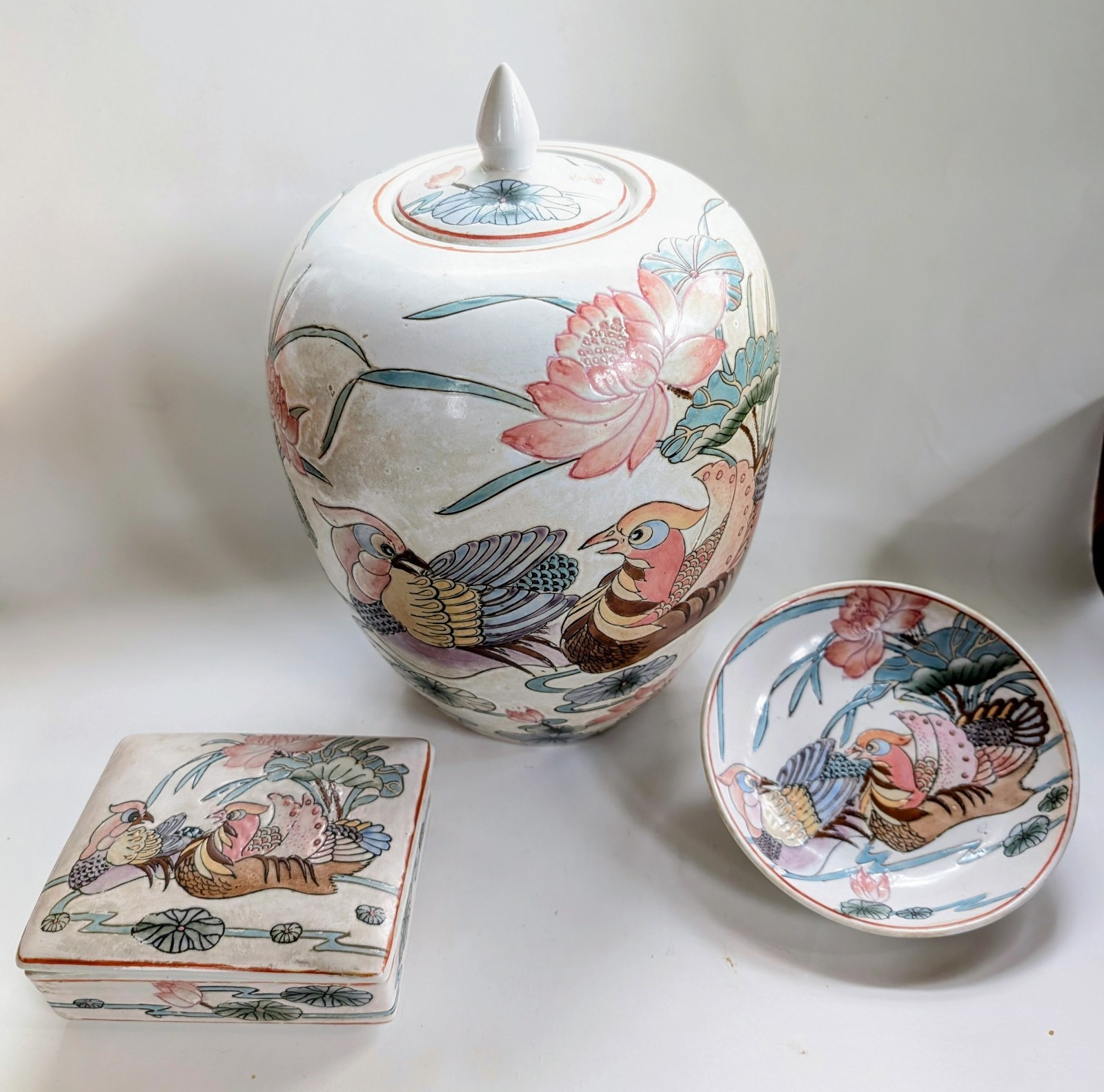 Vintage 3-Pc Dynasty Heygill-HFP Macau Porcelain Set Mandarin Ducks & Lily Pads