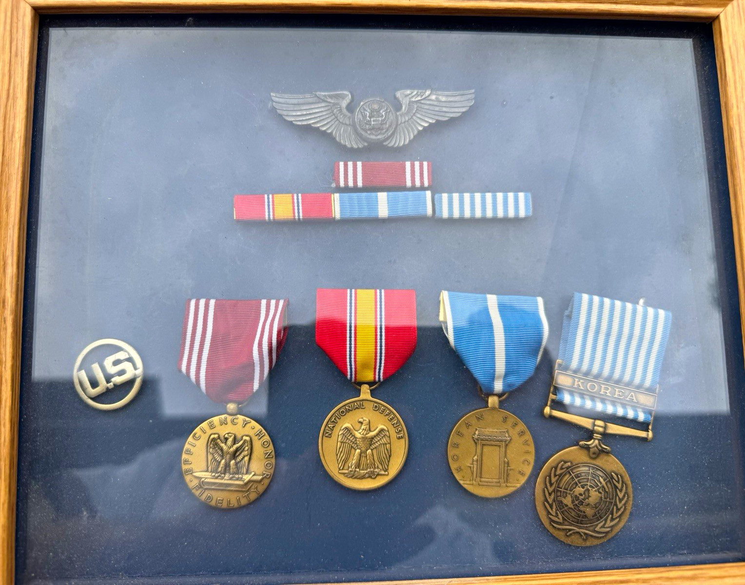 Vintage US Air Force Army Korean War Medal Shadow Box Wings Good Conduct UN Pin