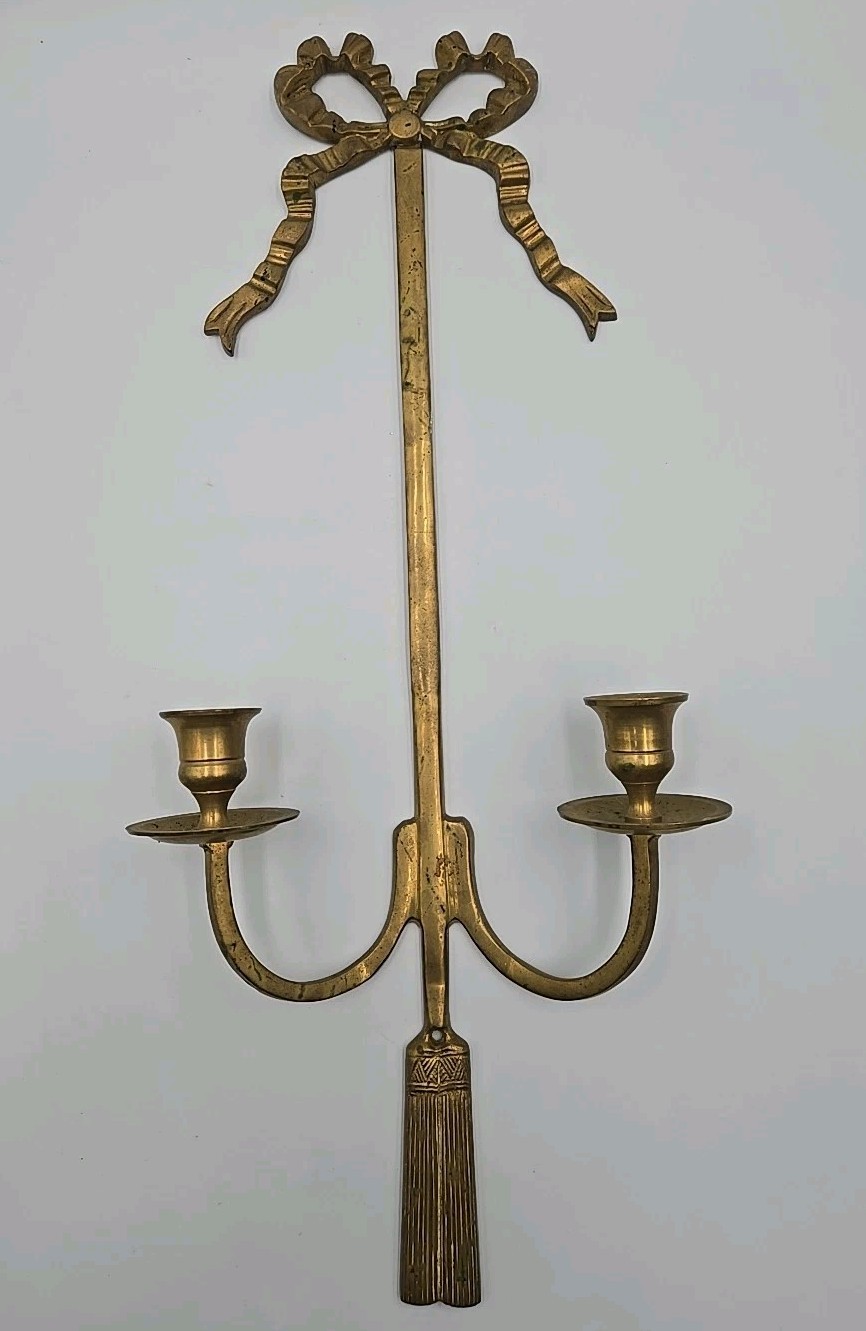 Vintage French Brass Candle Wall Sconces Bow And Tassels 19\ Vintage French Brass Candle Wall Sconces Bow And Tassels 19\
