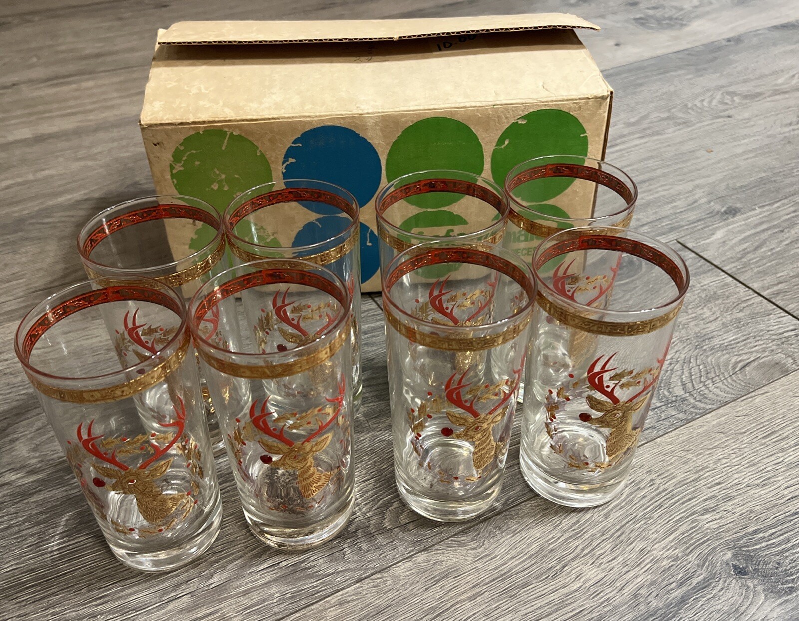 RARE 22k Gold MCM Retro Jeweled Set  8 Glasses Culver w/ Box Rudolph Reindeer
