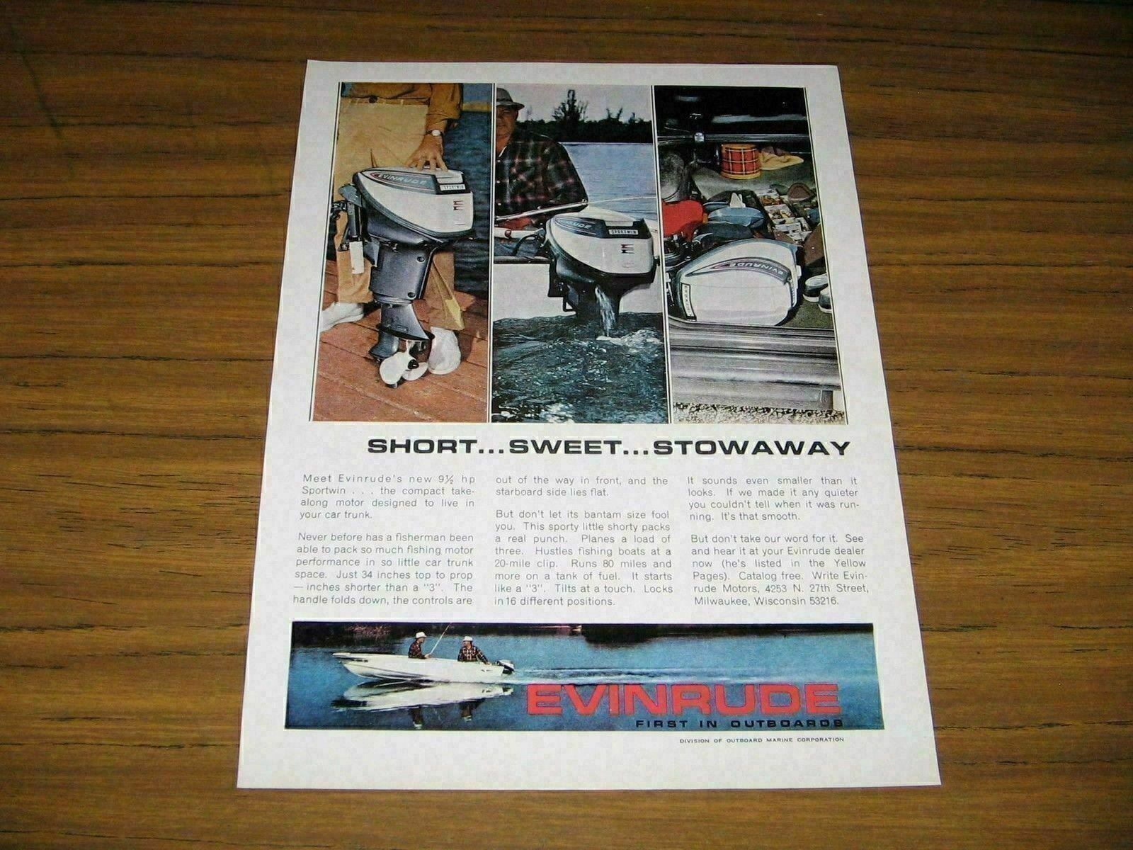 1964 Print Ad Evinrude 9 1/2 HP Sportwin Compact Outboard Motors 
