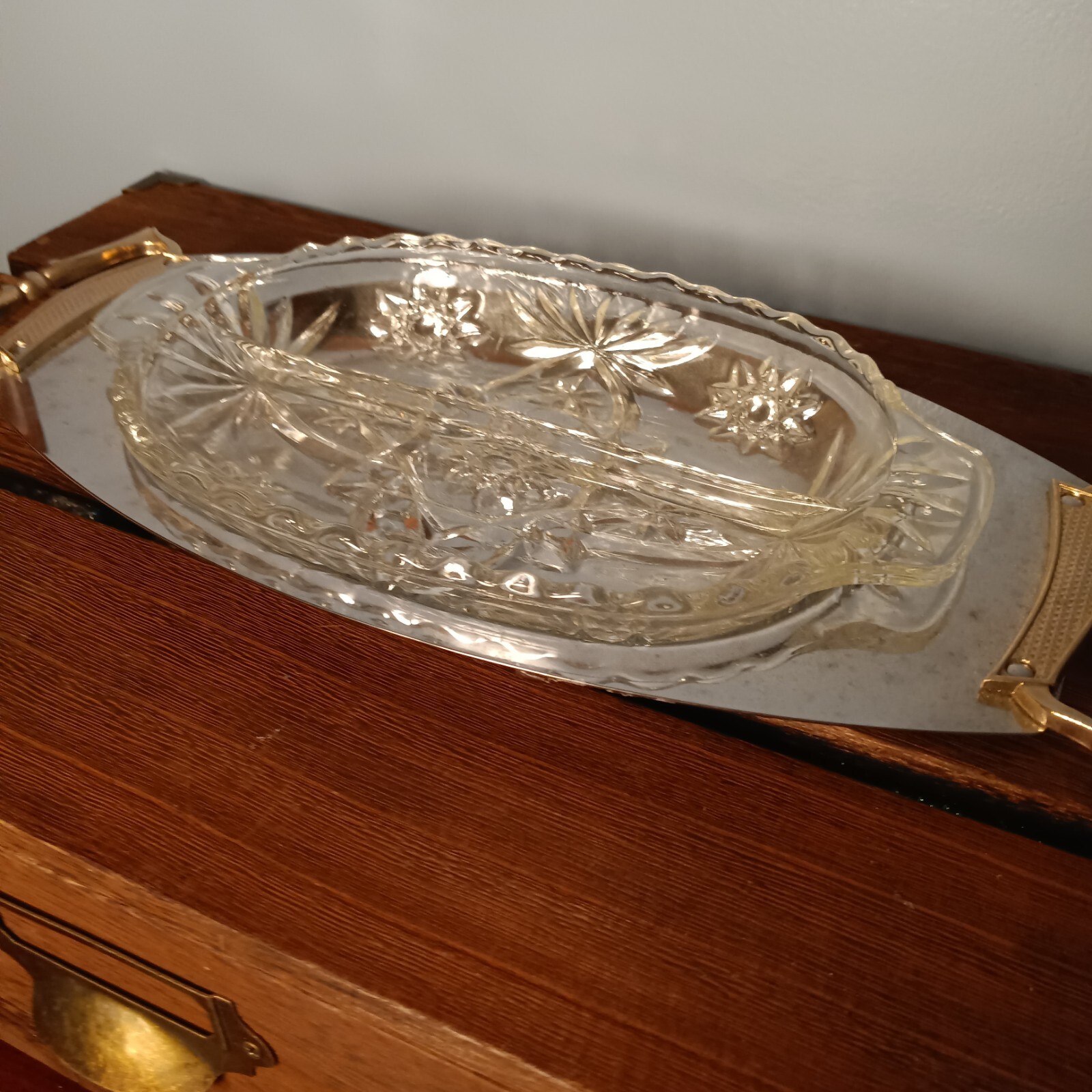 Vintage Kromex Handled Relish Server, Pressed Glass Divided Dish Vintage Kromex Handled Relish Server, Pressed Glass Divided Dish