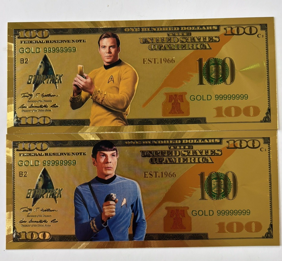 24k Gold Foil Star Trek Collectible Novelty Banknote Set of 2 Captain Kirk Spok