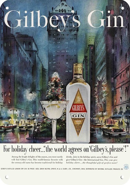1959 GILBEY'S GIN City at Christmas ***DECORATIVE REPLICA METAL SIGN*** 1959 GILBEY'S GIN City at Christmas ***DECORATIVE REPLICA METAL SIGN***