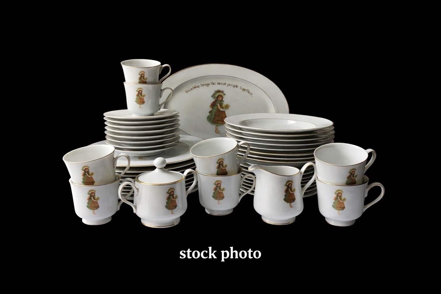 Vintage 1974 Holly Hobbie Green Girl Adult Dinnerware Set 45 Pc Service 8 (M) Vintage 1974 Holly Hobbie Green Girl Adult Dinnerware Set 45 Pc Service 8 (M)