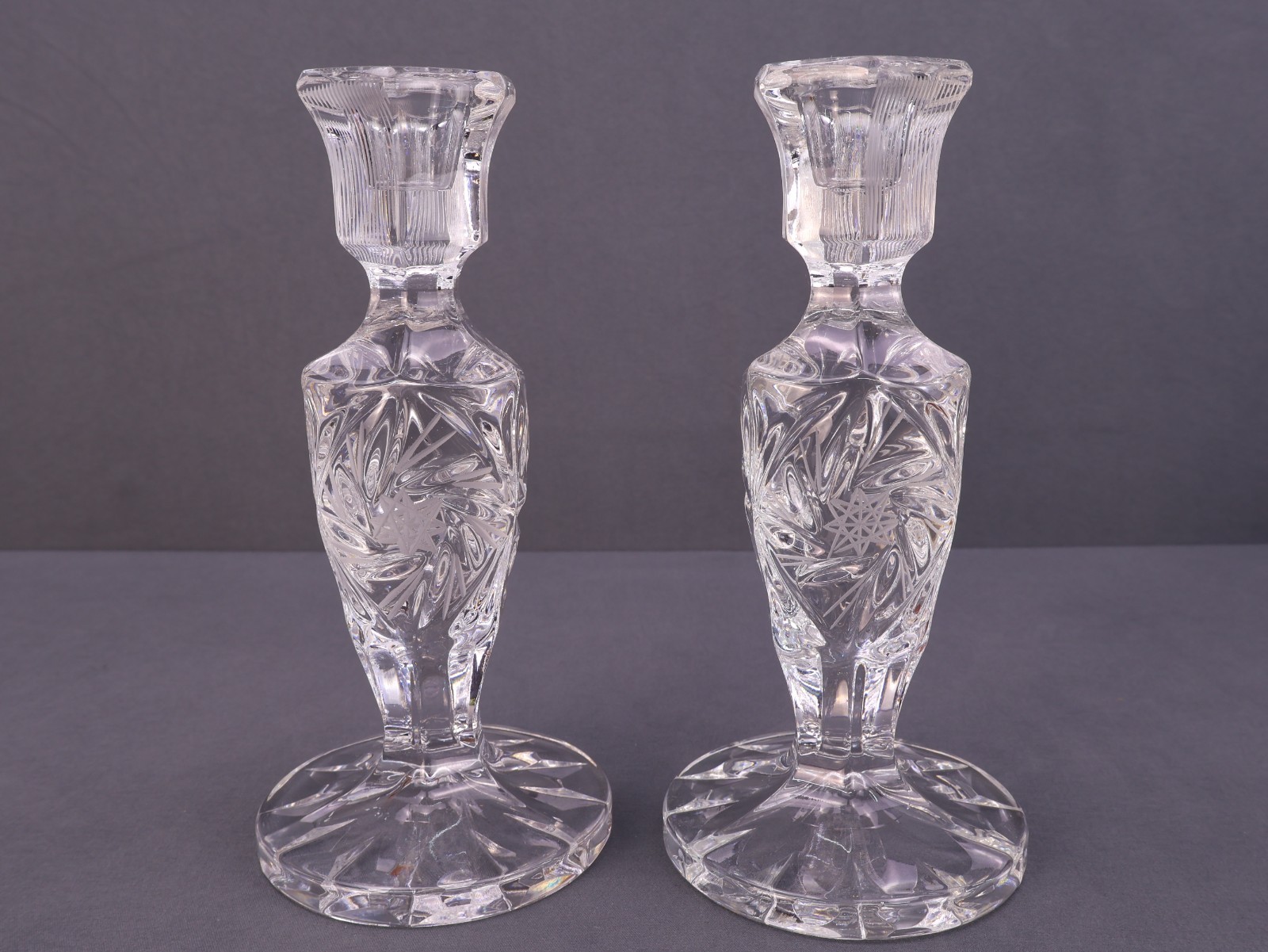 Vintage Lead Crystal Candle Stick Holders Pinwheel Star Hobstar Pattern 7\ Vintage Lead Crystal Candle Stick Holders Pinwheel Star Hobstar Pattern 7\