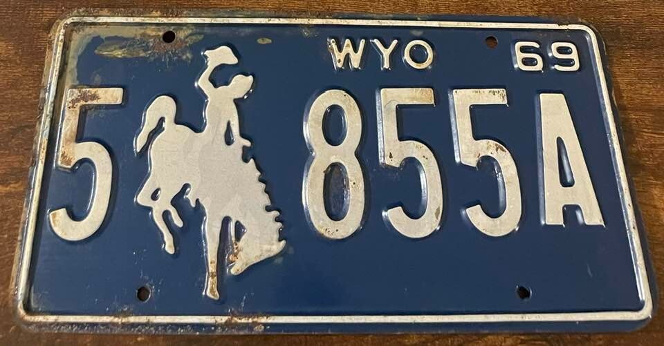 1969 Wyoming License Plate 5 855A Bucking Horse Bronco Cowboy Rodeo 1969 Wyoming License Plate 5 855A Bucking Horse Bronco Cowboy Rodeo