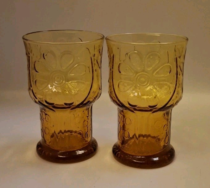 Libbey Country Garden Daisy Golden Amber Glass 5” Tumblers MCM Retro Vtg Set 2