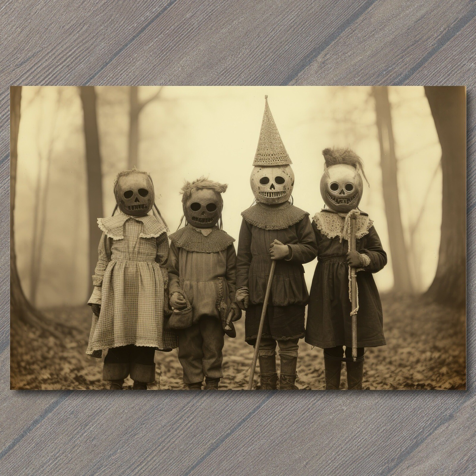 POSTCARD Weird Creepy Vintage Vibe Kids Masks Halloween Cult Unusual Family POSTCARD Weird Creepy Vintage Vibe Kids Masks Halloween Cult Unusual Family